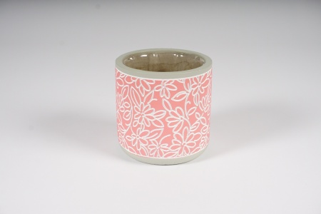 Cache-pot en céramique rose motif fleur D11cm H10.5cm