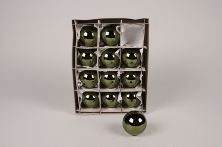 Boîte de 12 boules en verre brillant vert foncé D6cm