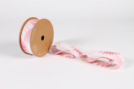 Ruban tissu blanc et rose motif fleur 40mm x 10m
