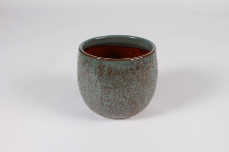 Cache-pot en céramique bleu et marron D12.5cm H11.5cm