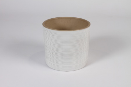 Cache-pot en céramique strié blanc D14.5cm H13cm
