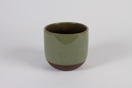 Cache-pot en céramique vert et marron D15cm H14cm