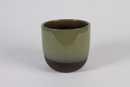 Cache-pot en céramique vert et marron D17.5cm H16cm