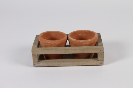 Cagette en bois et 2 pots en terre cuite