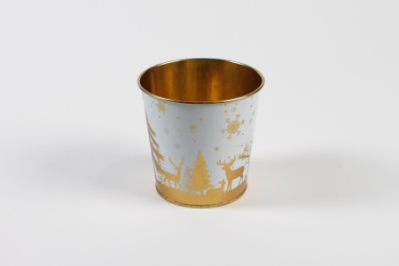 Cache-pot en zinc blanc or Noël D9,8cm H8,5cm